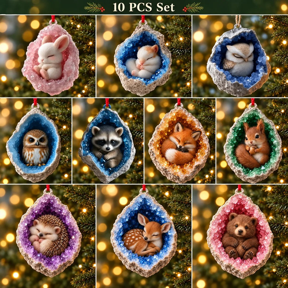 🎄Early Bird Christmas Sale 50% OFF |✨Woodland Geode Animal Ornaments – Tiny Christmas Friends Hidden in Crystal Magic