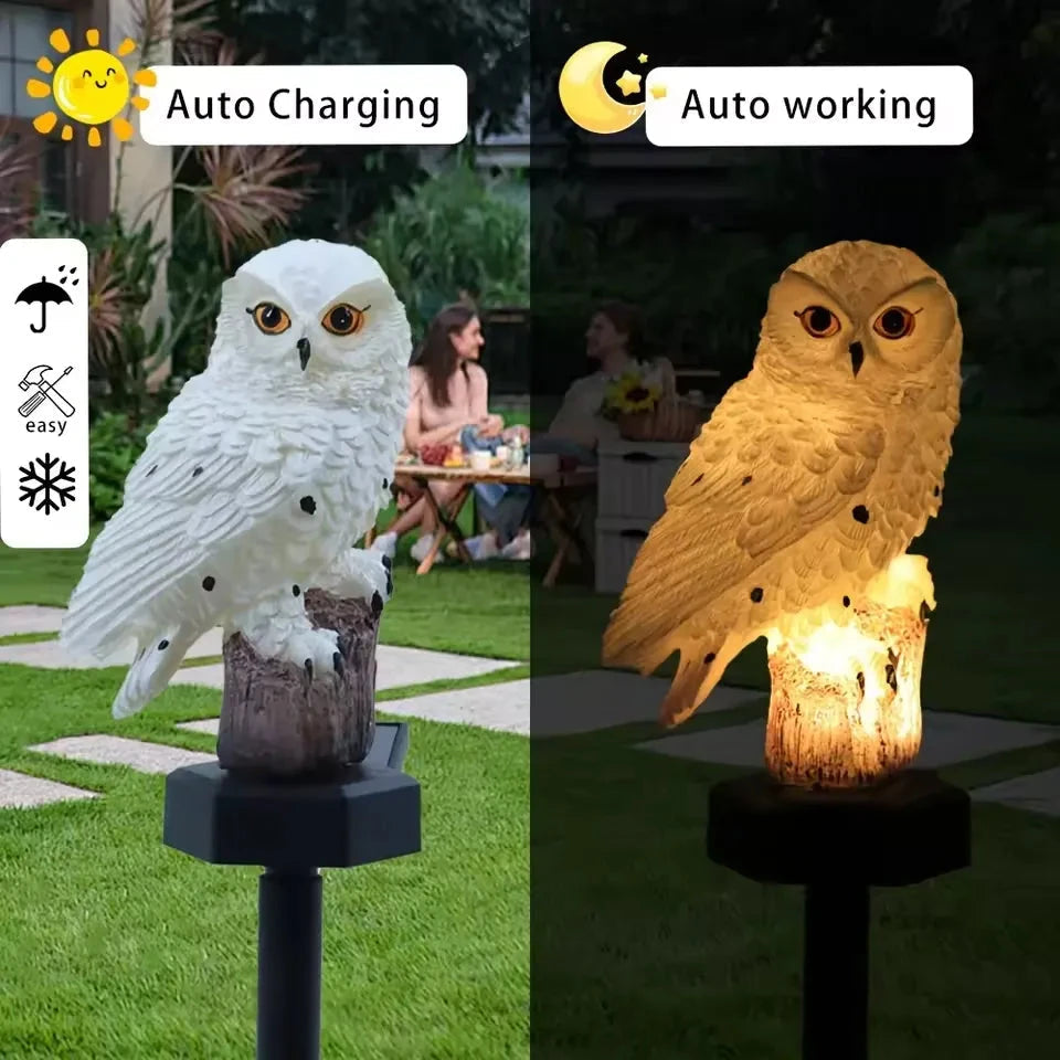 Solar owl guardian in the garden