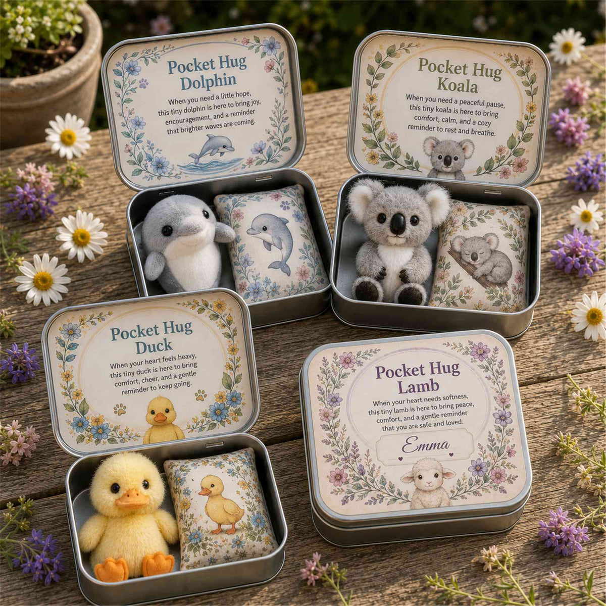 Personalized Pocket Hug Mini Plush Animal Gift Box with Name, Comfort Keepsake Tin with Cute Stuffed Animal, Heartfelt Gift for Family/Friends