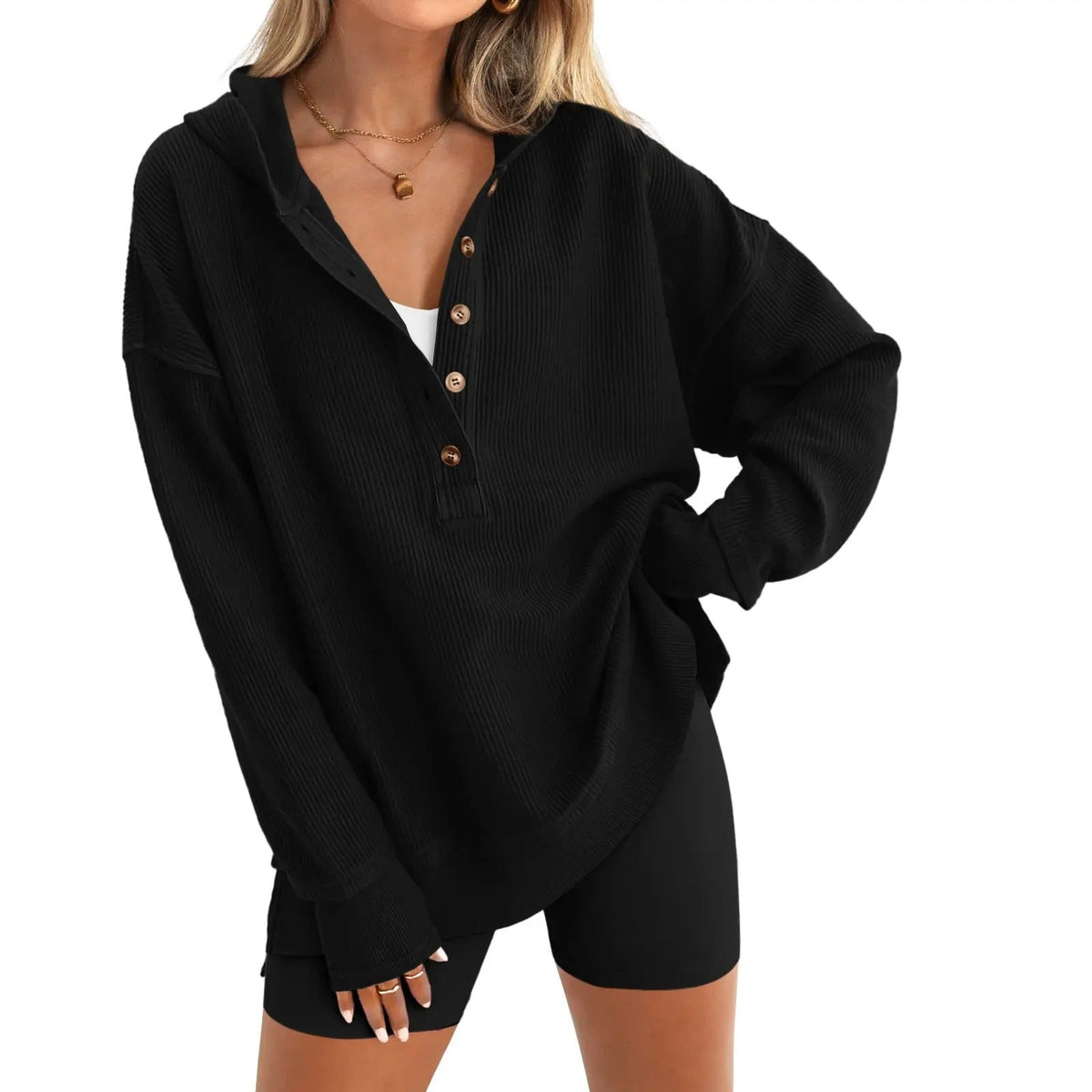 🎁Women’s Oversized V-Neck Hoodie – Relaxed Button Pullover with Side Slits