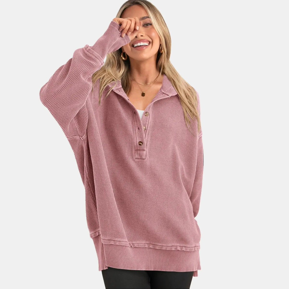 🎁Women’s Oversized V-Neck Hoodie – Relaxed Button Pullover with Side Slits