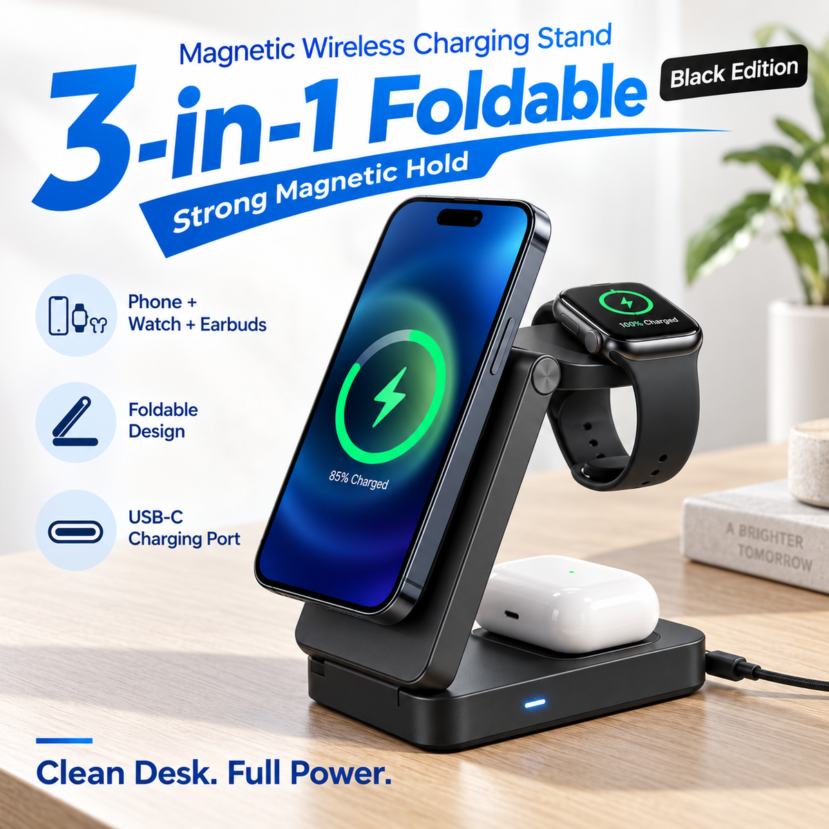 ⚡ 3-in-1 Foldable Wireless Charging Station for iPhone, Apple Watch & AirPods