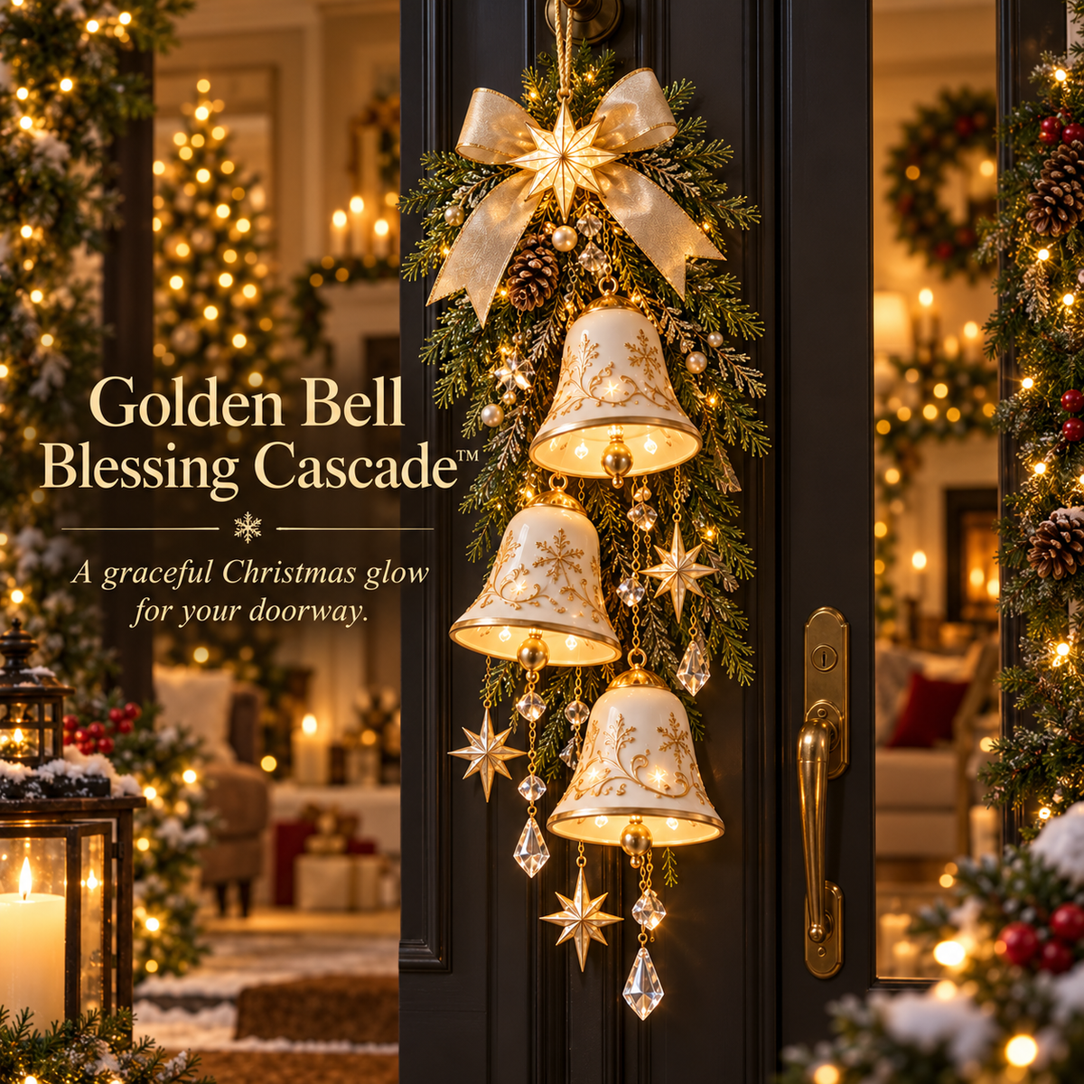 🔥Lighted Golden Bell Christmas Door Hanging🔔 – Cascading Holiday Décor