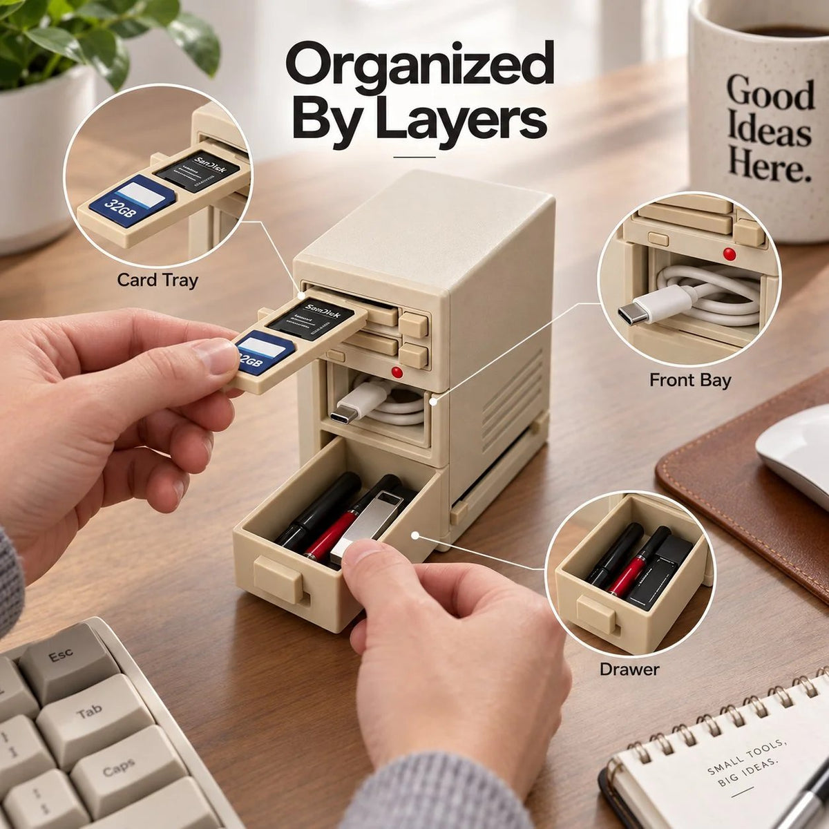 Vintage 90s PC Desktop Organizer with Integrated Card Reader for Desktop Setup, Retro Tech Display & Hobby Collector Gift