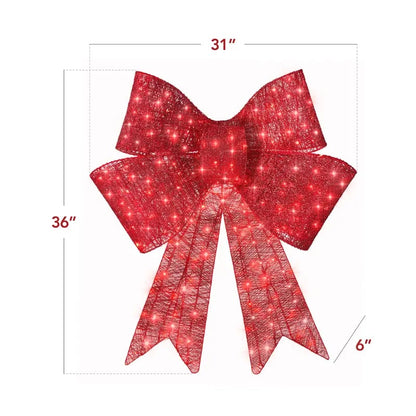 Pre-lit Christmas bow, large outdoor LED-illuminated holiday decoration with 8 lighting functions and hanging hook.