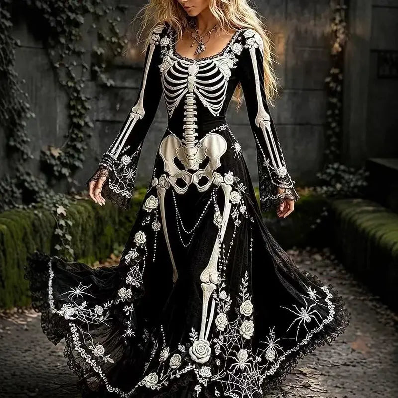 Skeleton & Rose Halloween Maxi Dress
