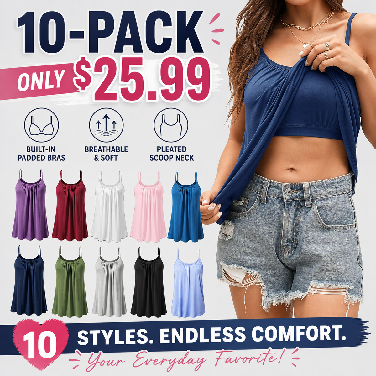Women's Cool Flowy Bra Cami | with Built-in Cups | Relaxed Fit | Adjustable Spaghetti Strap