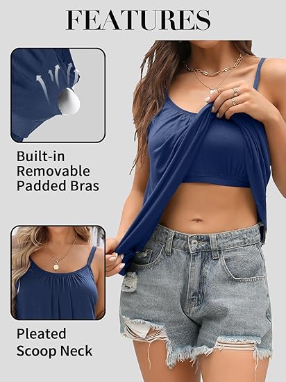 Women's Cool Flowy Bra Cami | with Built-in Cups | Relaxed Fit | Adjustable Spaghetti Strap
