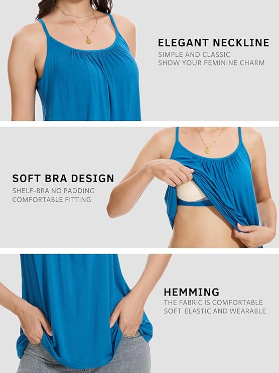 Women's Cool Flowy Bra Cami | with Built-in Cups | Relaxed Fit | Adjustable Spaghetti Strap