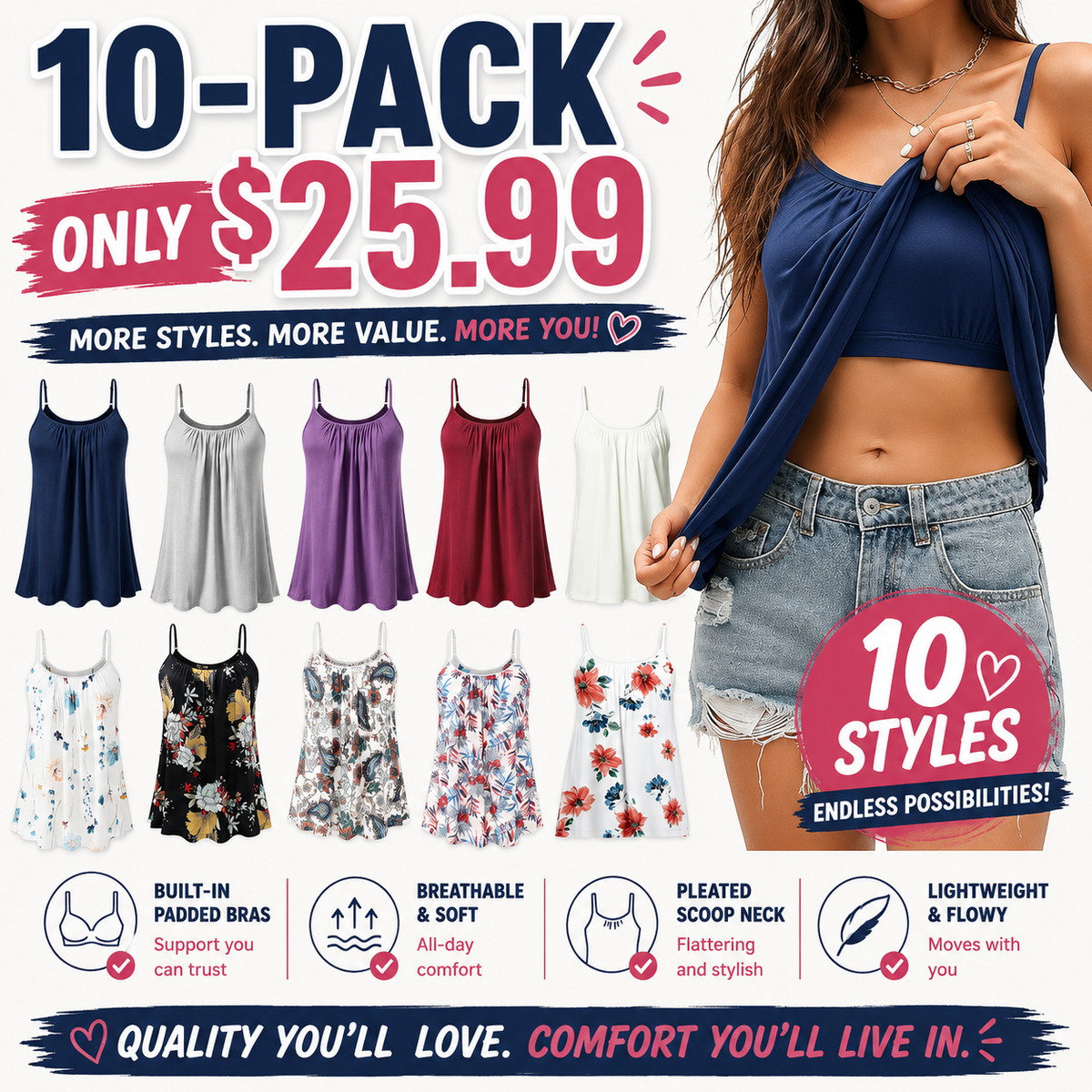 Women's Cool Flowy Bra Cami | with Built-in Cups | Relaxed Fit | Adjustable Spaghetti Strap