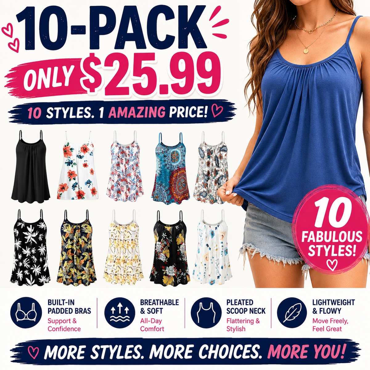 Women's Cool Flowy Bra Cami | with Built-in Cups | Relaxed Fit | Adjustable Spaghetti Strap