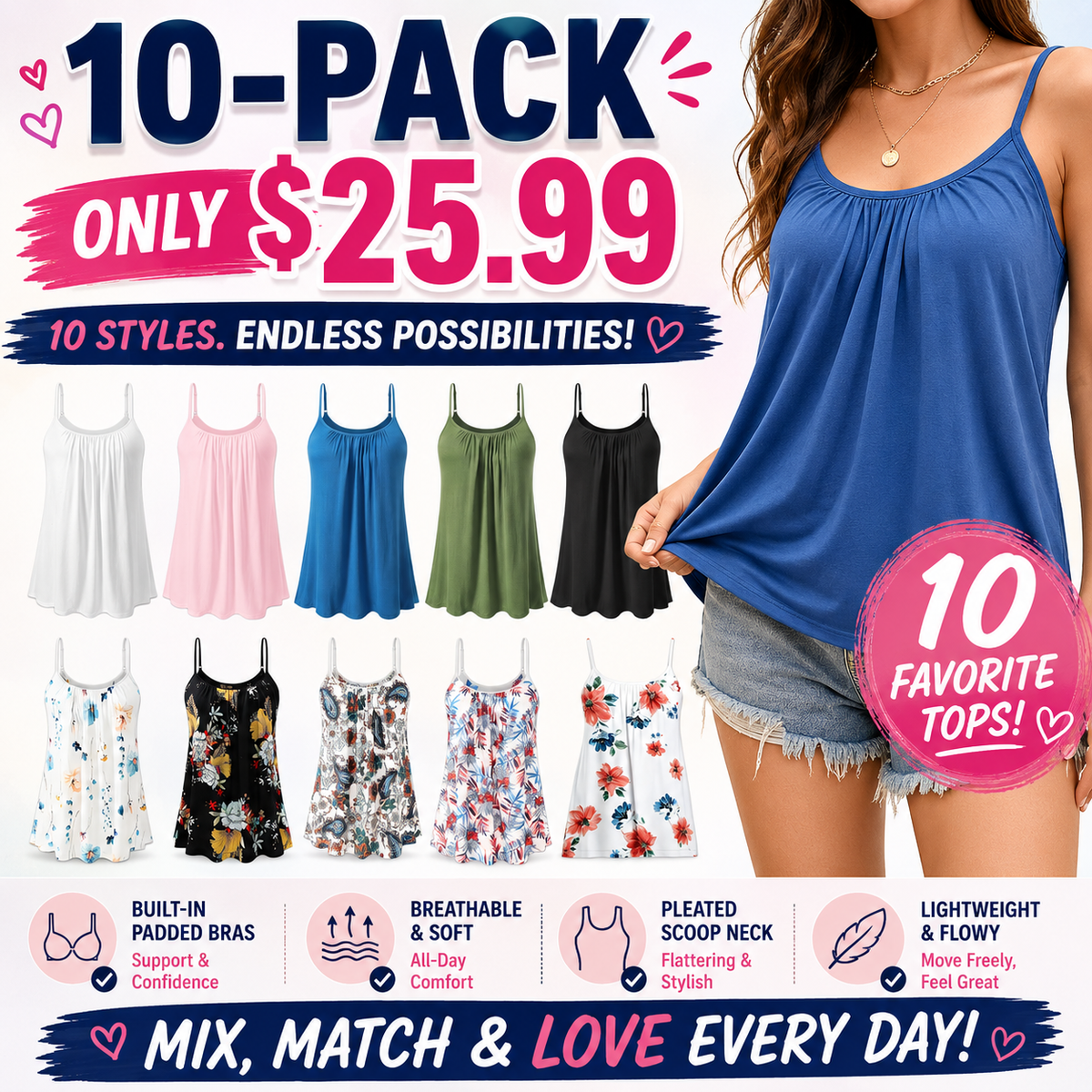 Women's Cool Flowy Bra Cami | with Built-in Cups | Relaxed Fit | Adjustable Spaghetti Strap