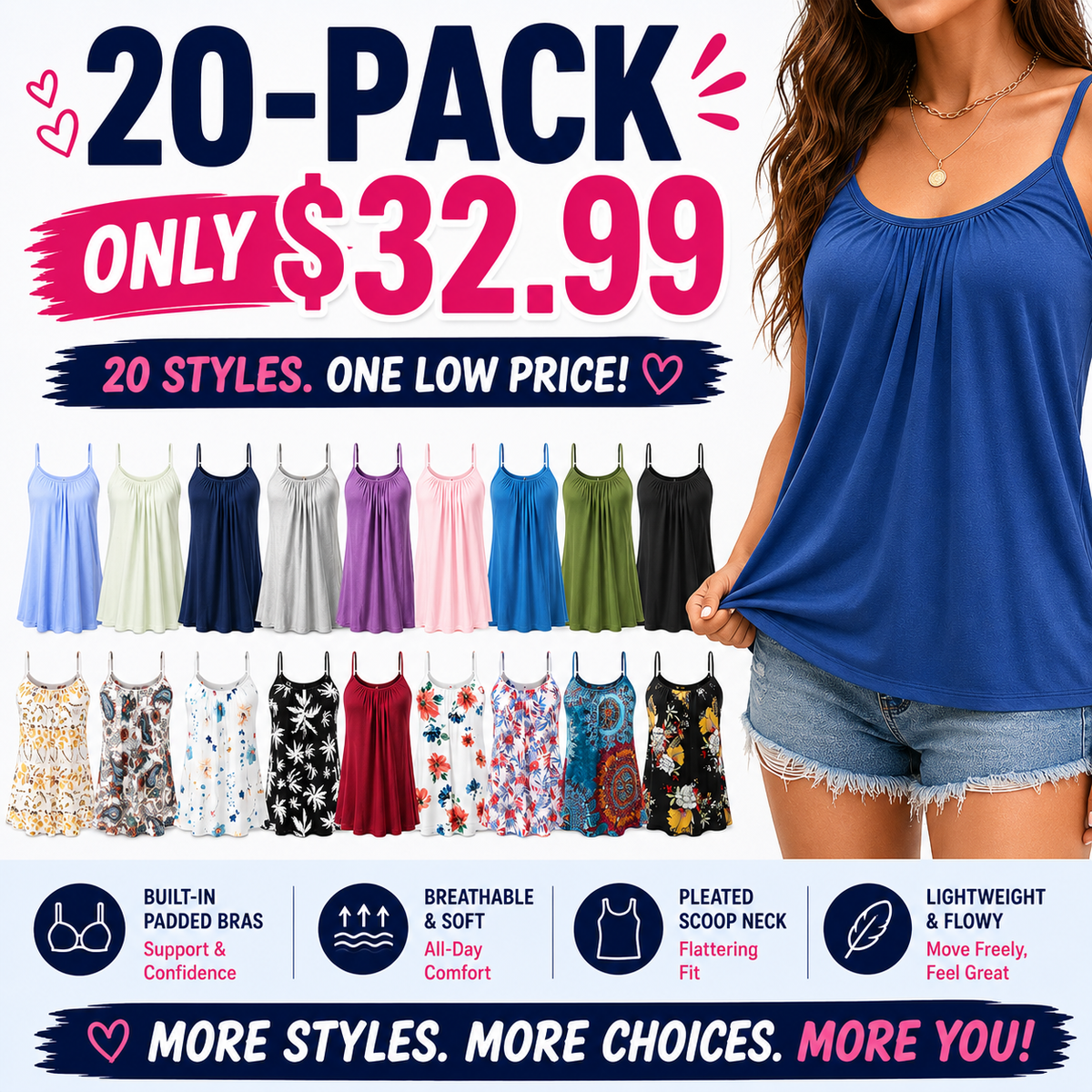 Women's Cool Flowy Bra Cami | with Built-in Cups | Relaxed Fit | Adjustable Spaghetti Strap