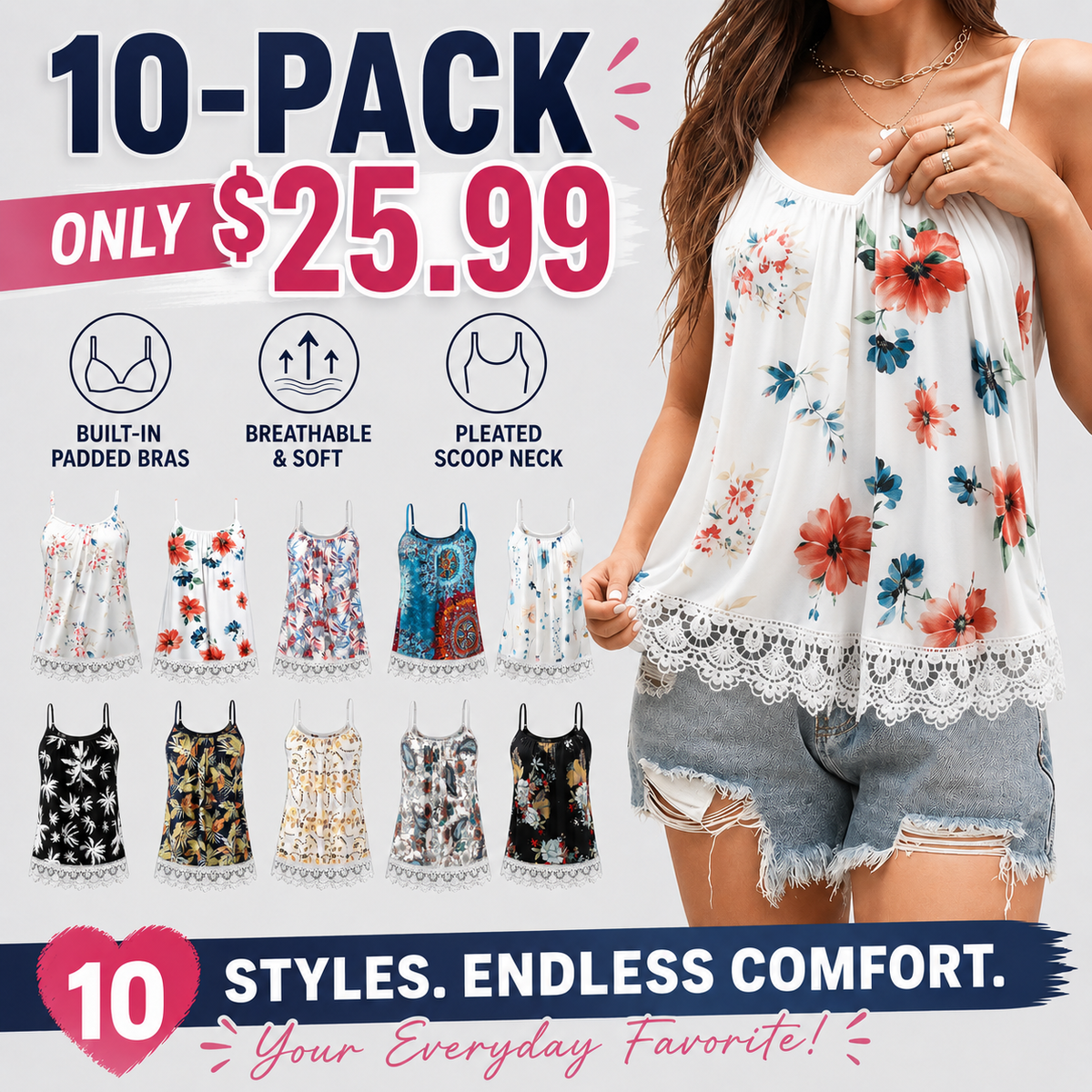 Women's Cool Flowy Bra Cami | with Built-in Cups | Relaxed Fit | Adjustable Spaghetti Strap