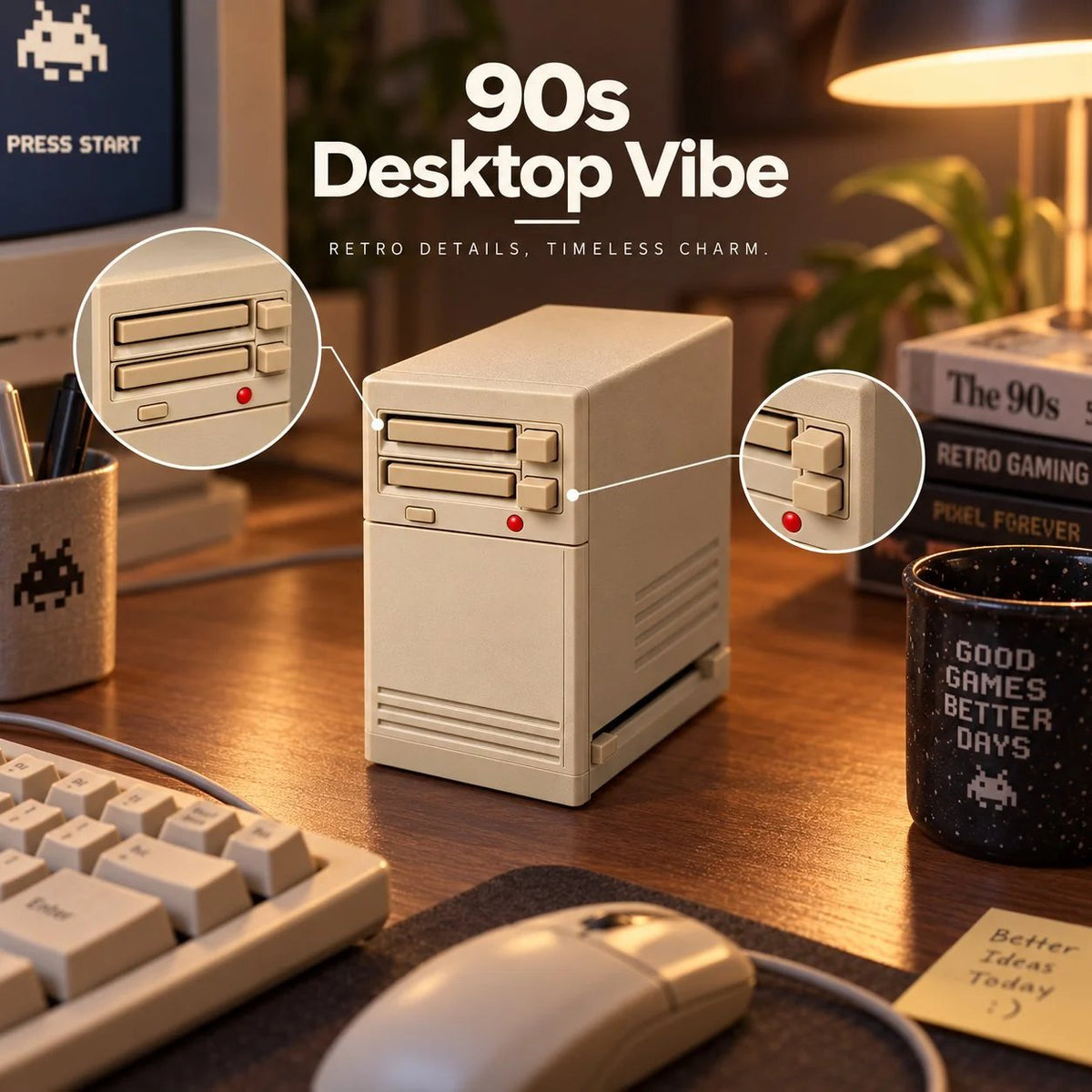 Vintage 90s PC Desktop Organizer with Integrated Card Reader for Desktop Setup, Retro Tech Display & Hobby Collector Gift