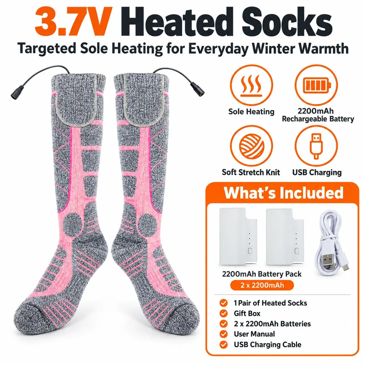🔥 Rechargeable Heated Socks – 3 Heat Levels & 2200mAh Batteries