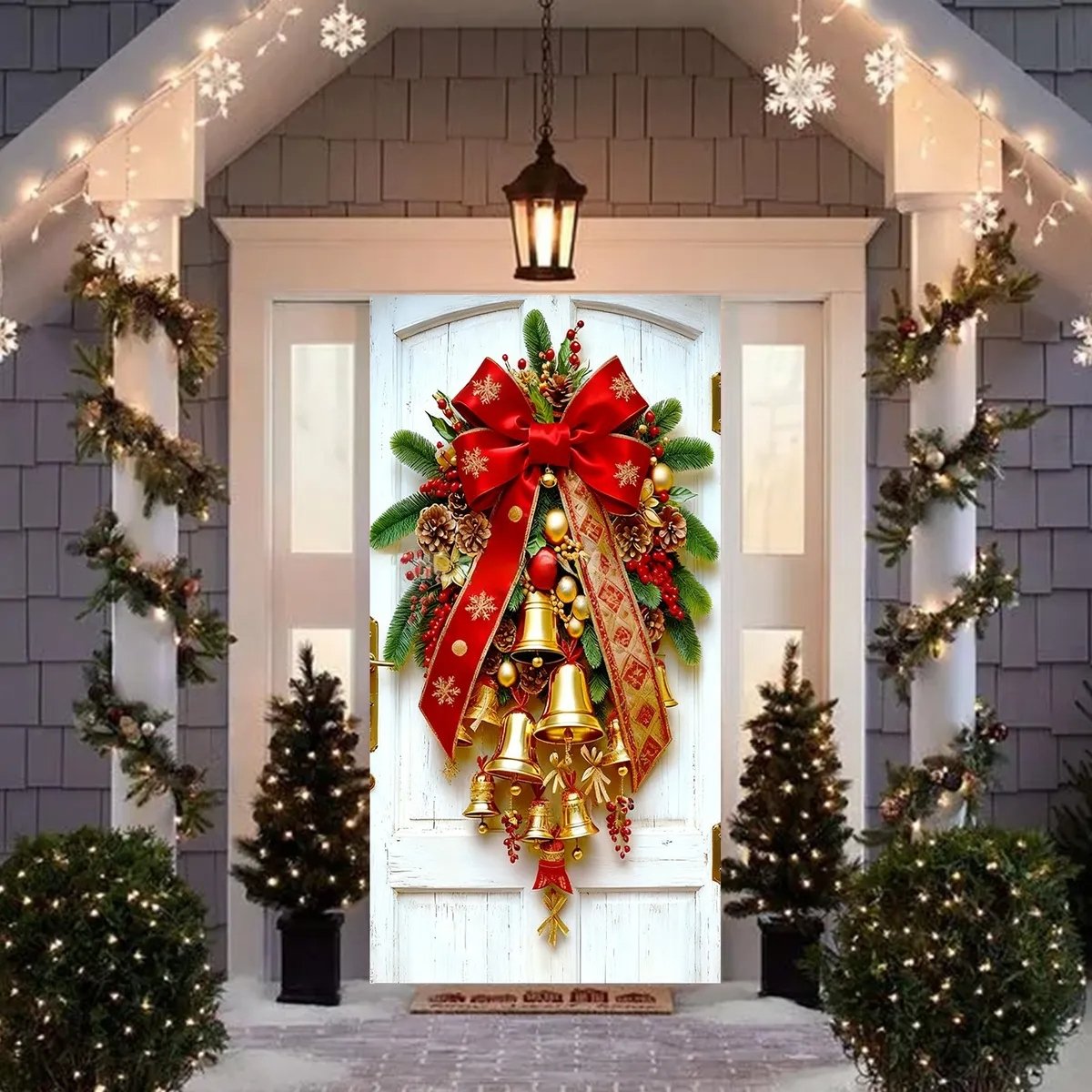 Christmas Door Covers,Decorative Bow Bell Wreath Christmas Door Wraps
