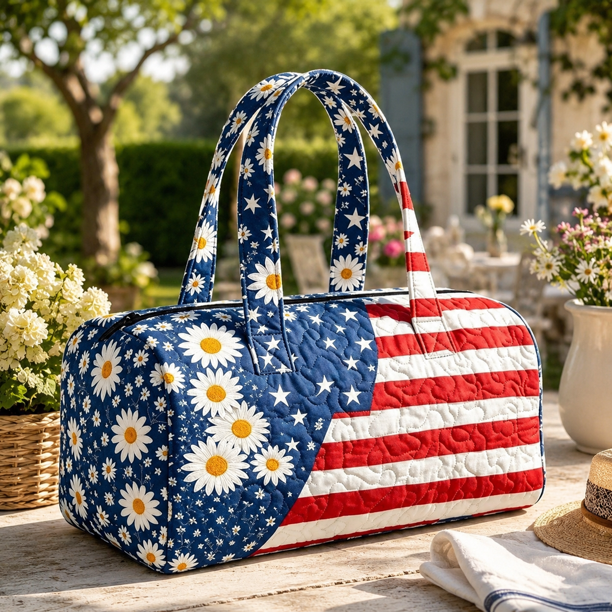 🔥Limited time 55% OFF 🇺🇸🧵 Handcrafted Patriotic Quilted Tote Bag – 3D Floral American Flag Travel Duffel