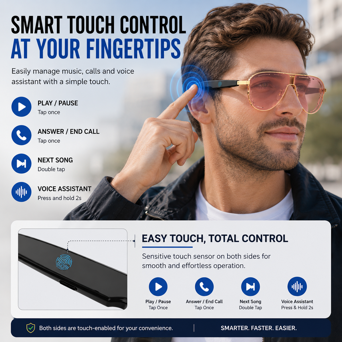 Smart Bluetooth Audio Sunglasses-Open-Ear Audio • Wireless Calls • Everyday Eye Comfort