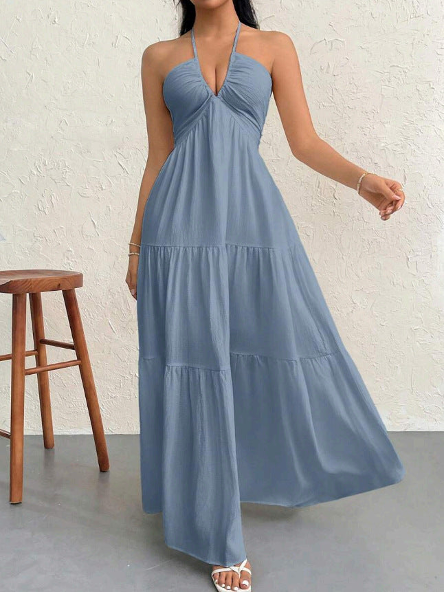 Minimalist Sleeveless Open-Back Halter Maxi Dress