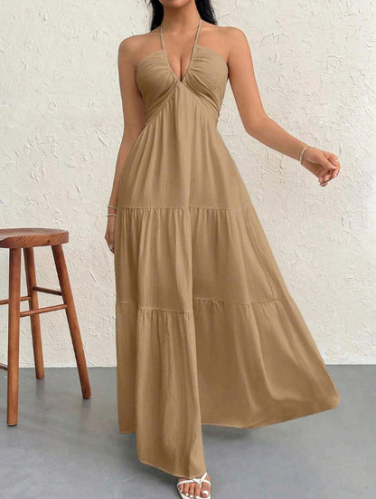 Minimalist Sleeveless Open-Back Halter Maxi Dress