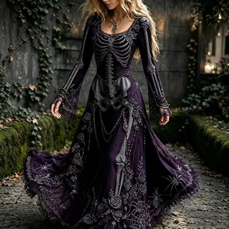 Skeleton & Rose Halloween Maxi Dress