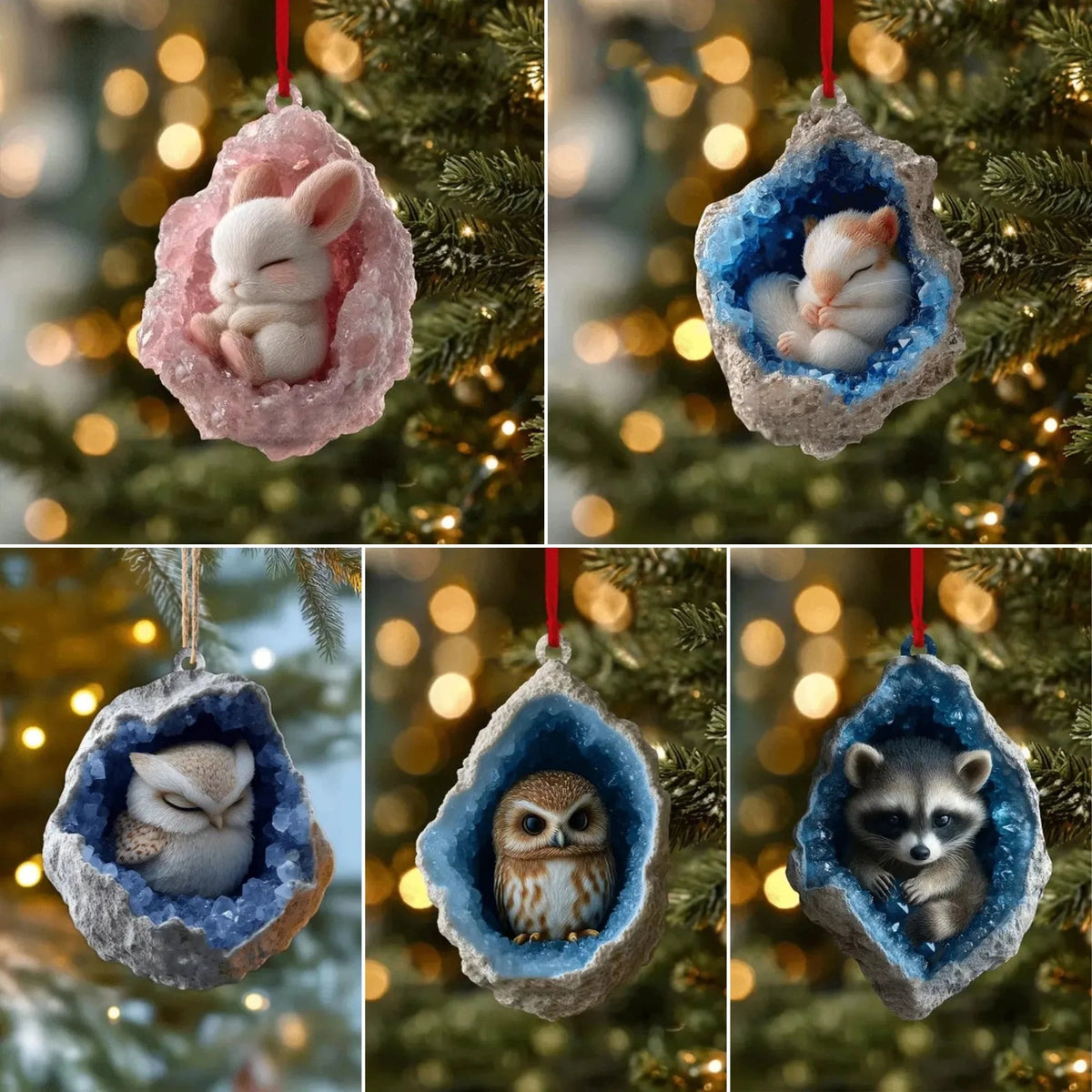 🎄Early Bird Christmas Sale 50% OFF |✨Woodland Geode Animal Ornaments – Tiny Christmas Friends Hidden in Crystal Magic