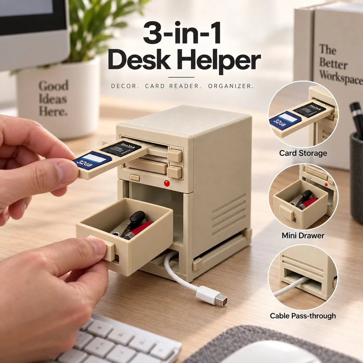 Vintage 90s PC Desktop Organizer with Integrated Card Reader for Desktop Setup, Retro Tech Display & Hobby Collector Gift