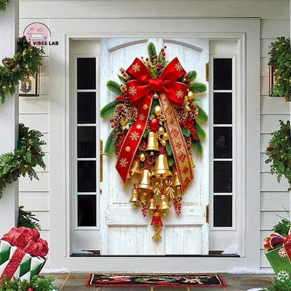 Christmas Door Covers,Decorative Bow Bell Wreath Christmas Door Wraps