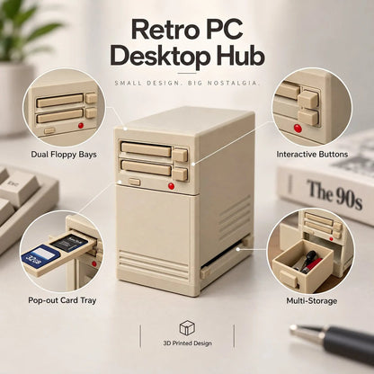 Vintage 90s PC Desktop Organizer with Integrated Card Reader for Desktop Setup, Retro Tech Display & Hobby Collector Gift