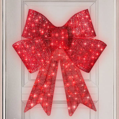 Pre-lit Christmas bow, large outdoor LED-illuminated holiday decoration with 8 lighting functions and hanging hook.