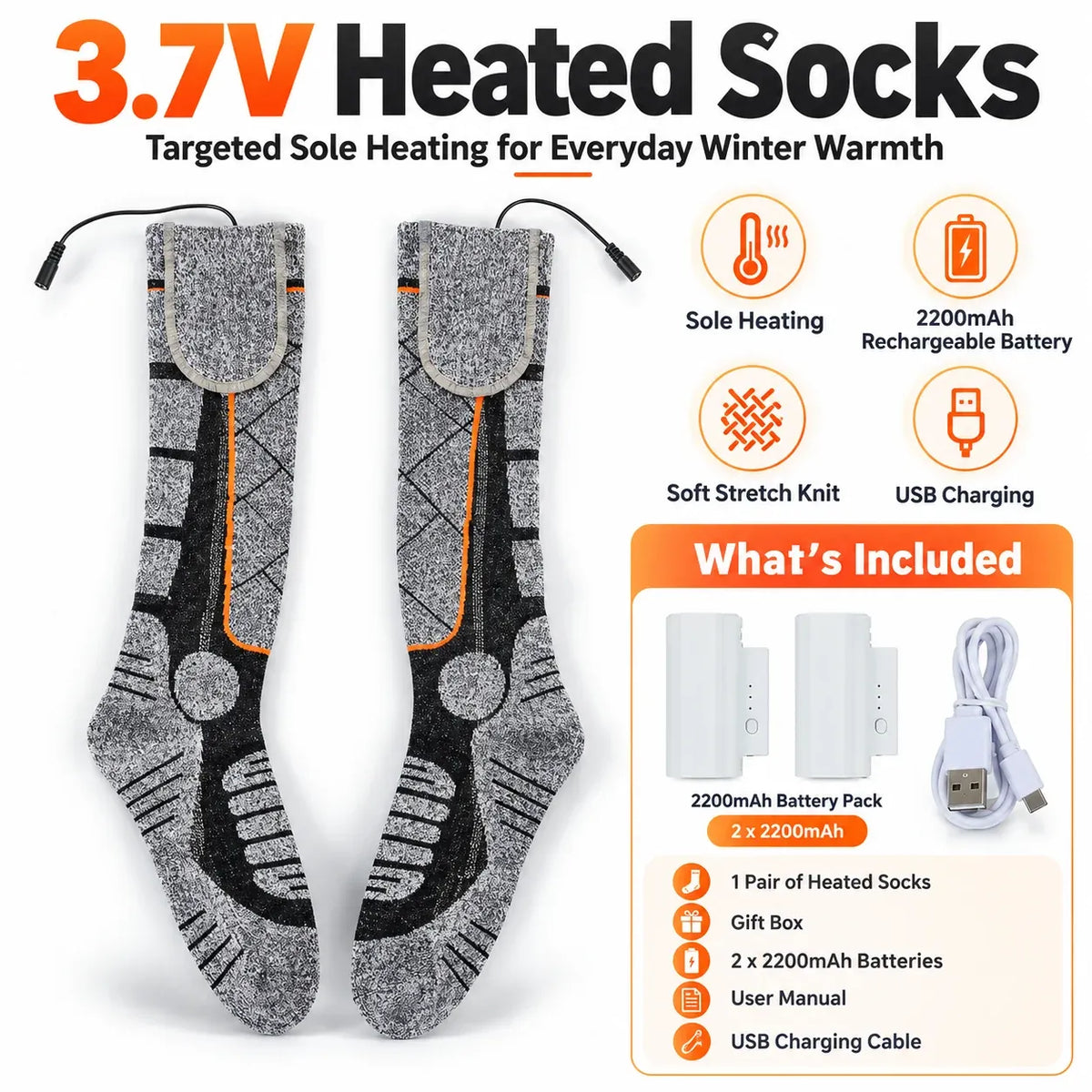 🔥 Rechargeable Heated Socks – 3 Heat Levels & 2200mAh Batteries