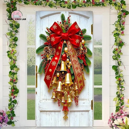 Christmas Door Covers,Decorative Bow Bell Wreath Christmas Door Wraps