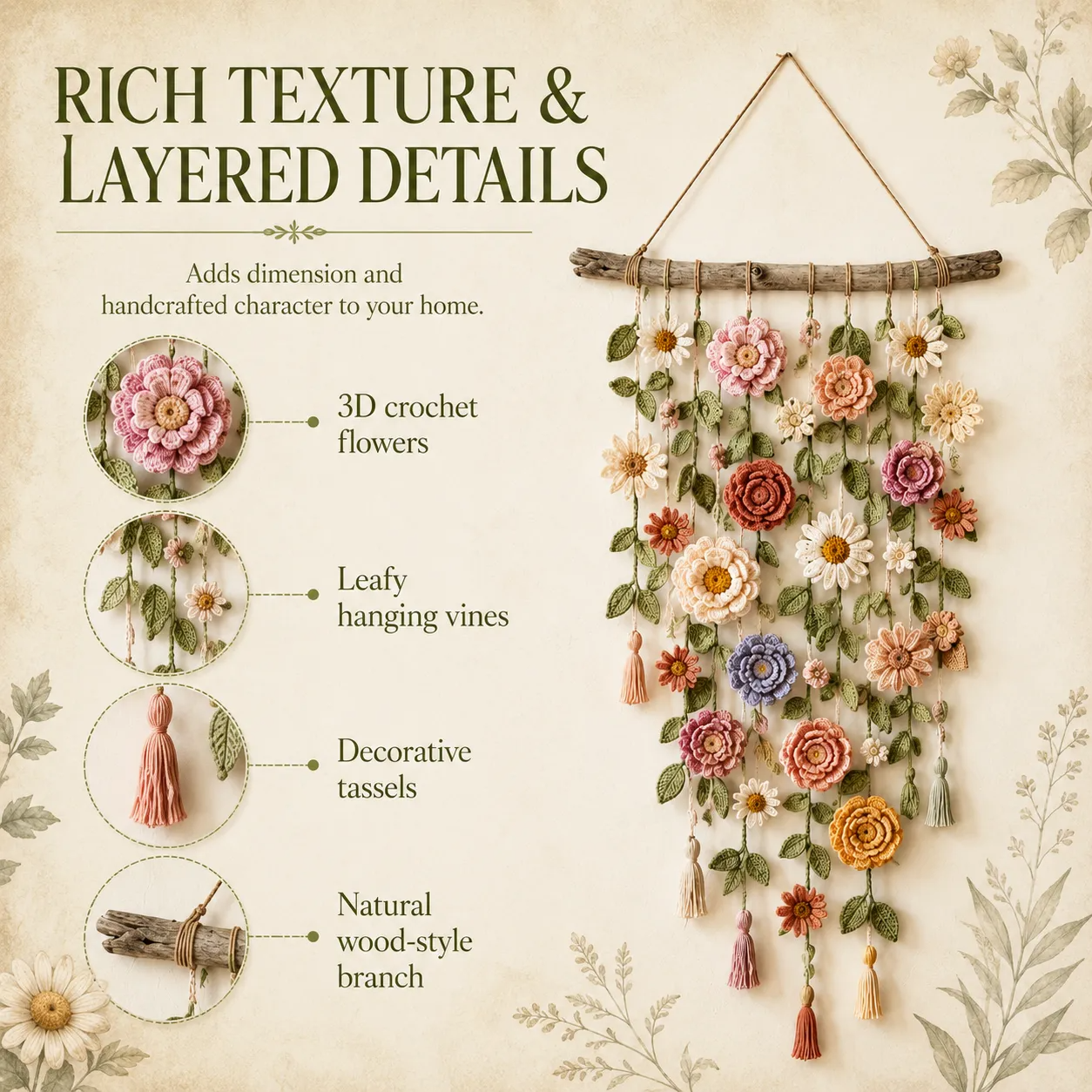 Close-up detail of crochet flowers
