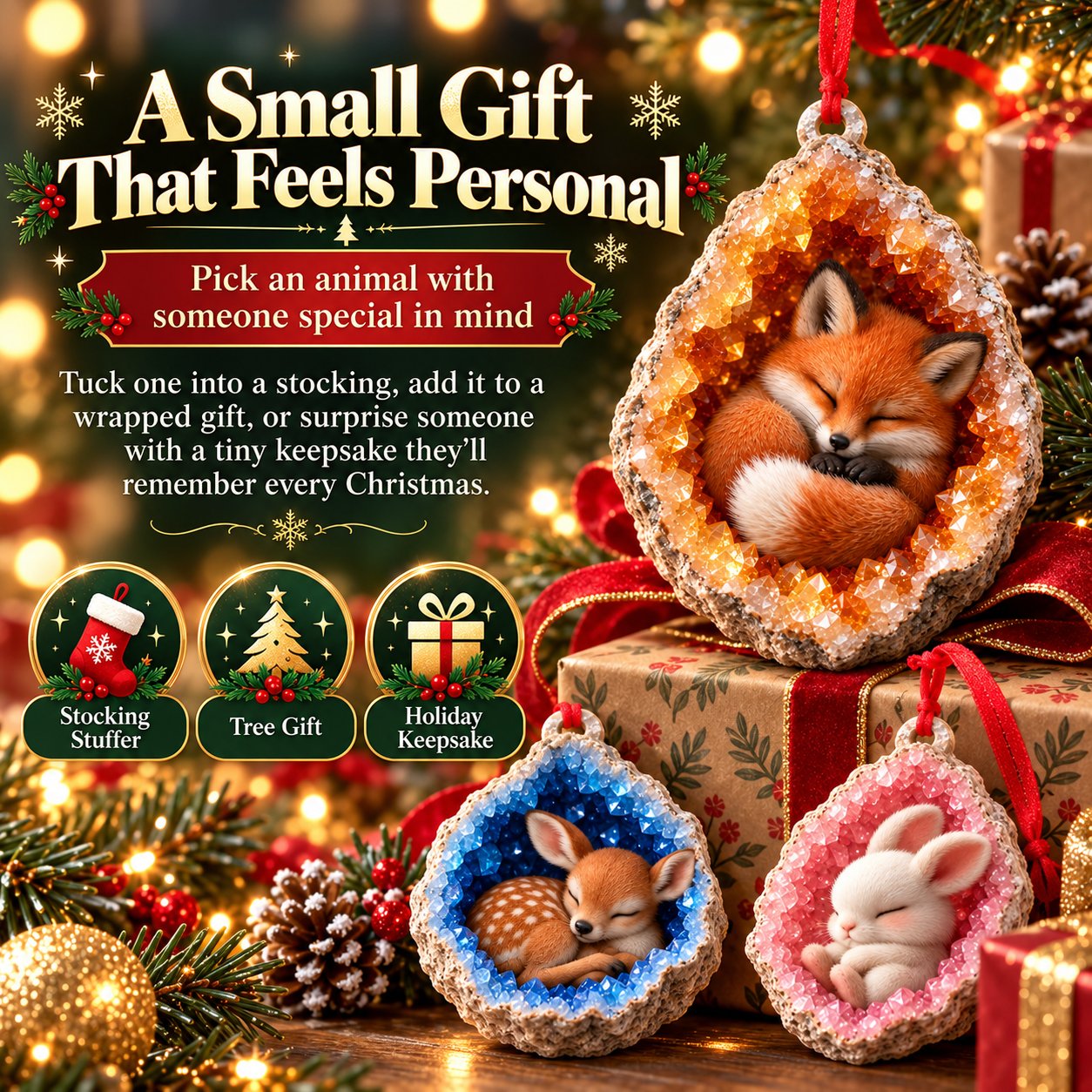 Natural crystal woodland animal ornament Christmas gift