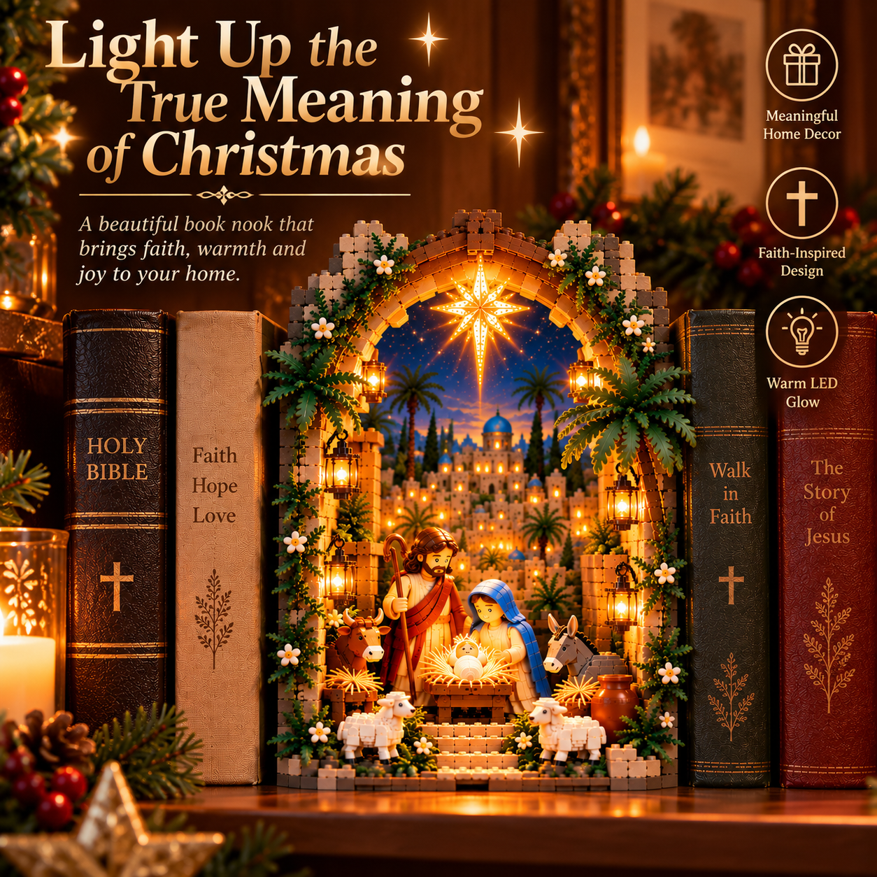 Lighted Bethlehem Nativity Book Nook displayed between faith-inspired books