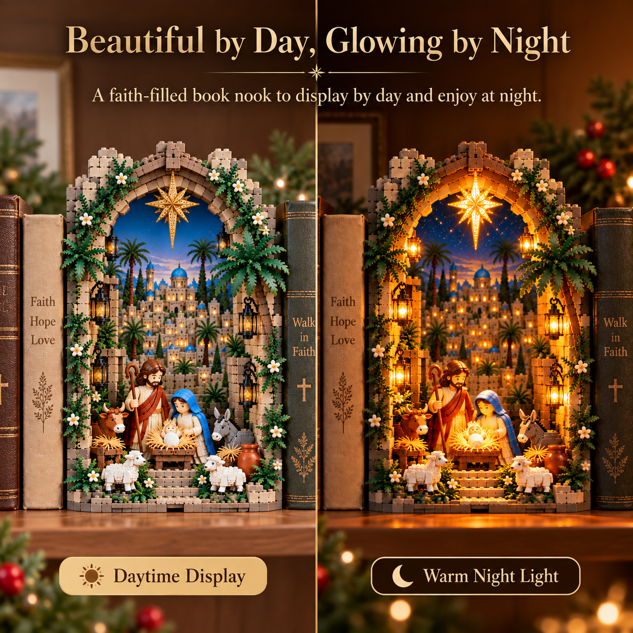 Bethlehem Nativity Book Nook shown in daytime and illuminated at night
