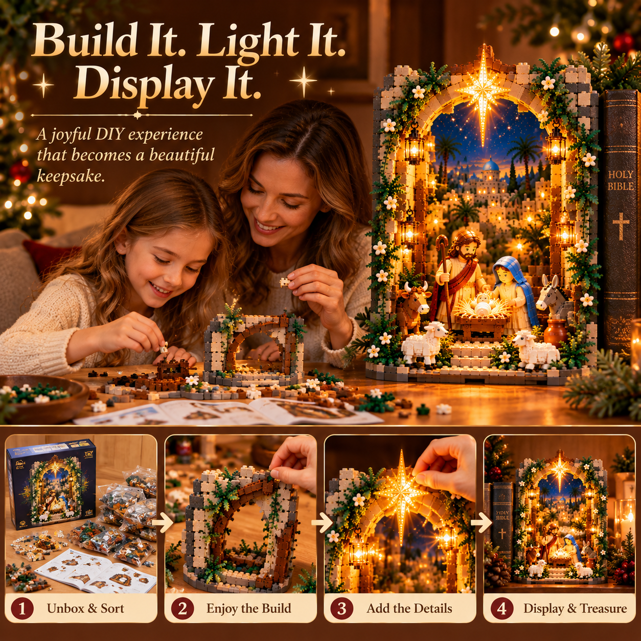 Family building and lighting a Bethlehem Nativity building block display