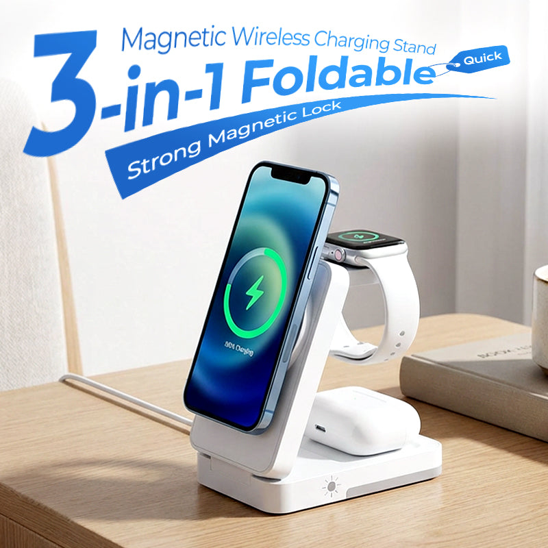 White 3-in-1 foldable magnetic wireless charging stand on a desk