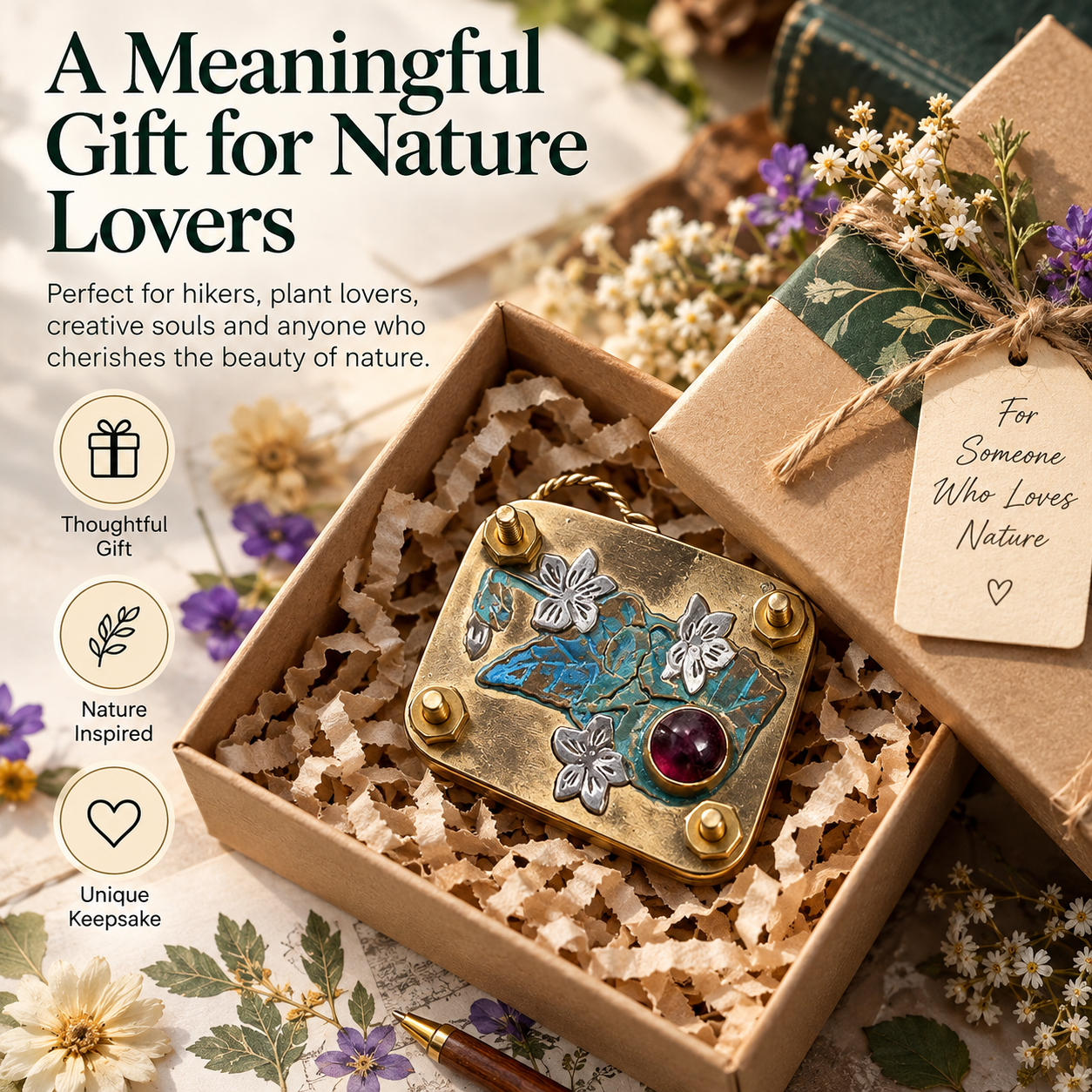 Mini botanical flower press presented as a thoughtful nature inspired gift