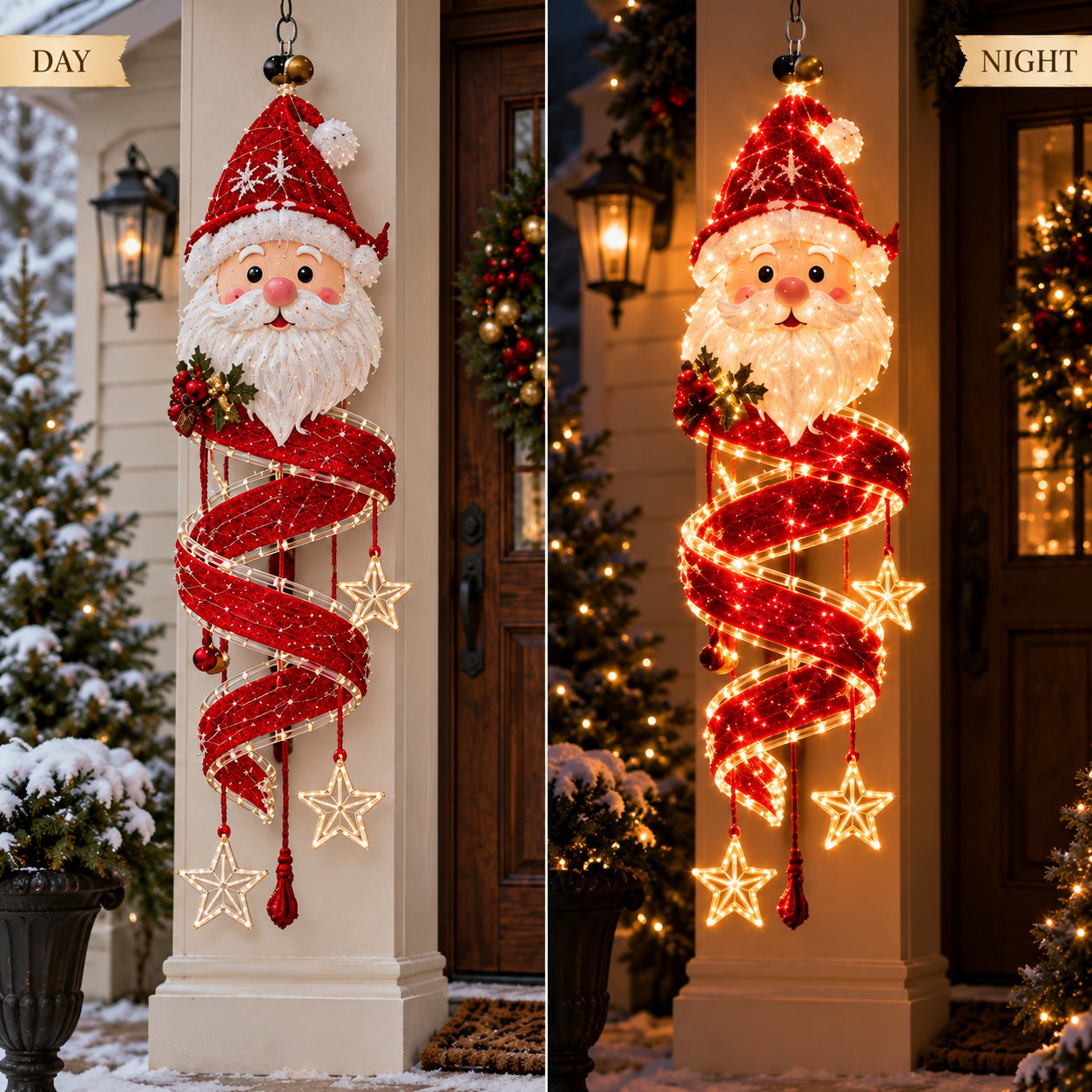 Santa Spiral hanging light shown during the day and glowing at night