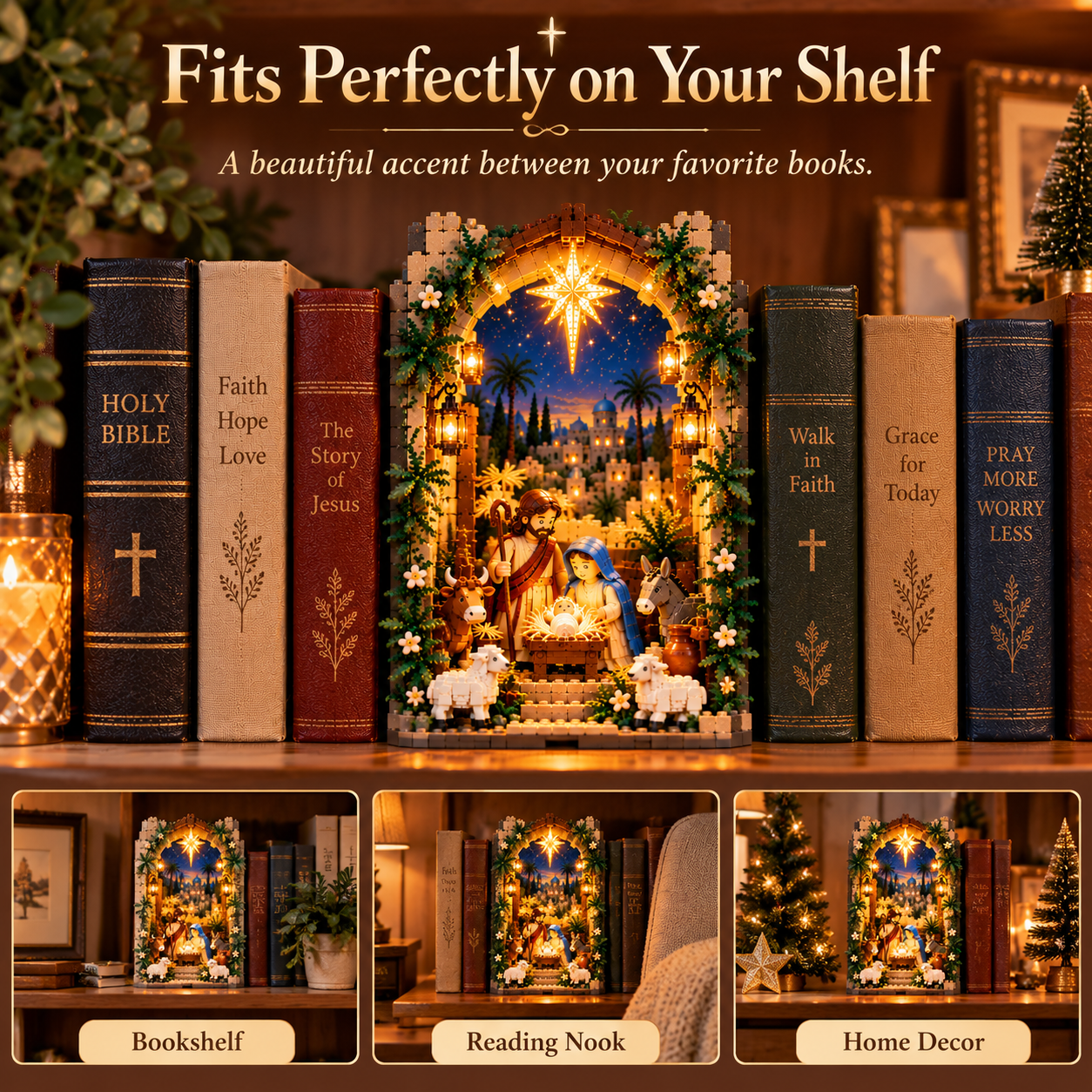 Lighted Bethlehem Nativity Book Nook displayed on bookshelves and in cozy Christmas spaces