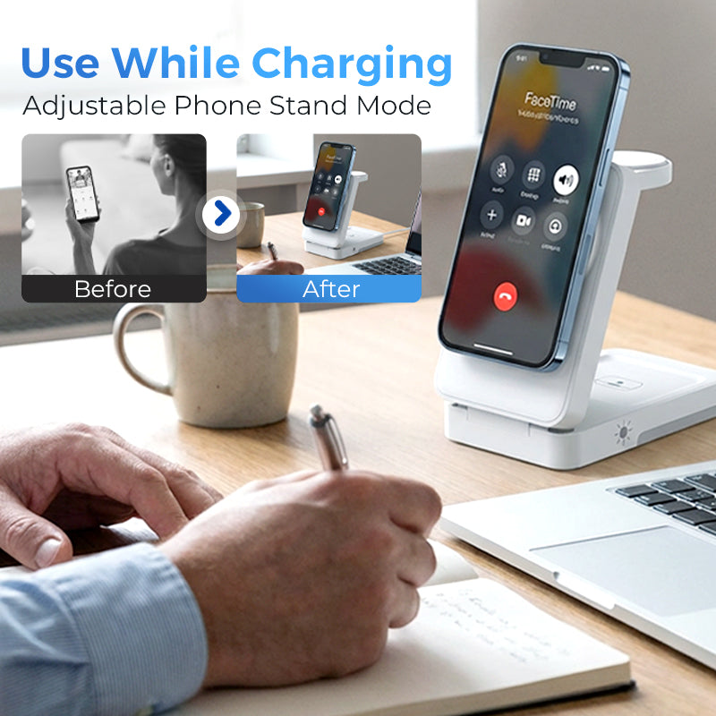 Adjustable phone stand used while charging at a desk