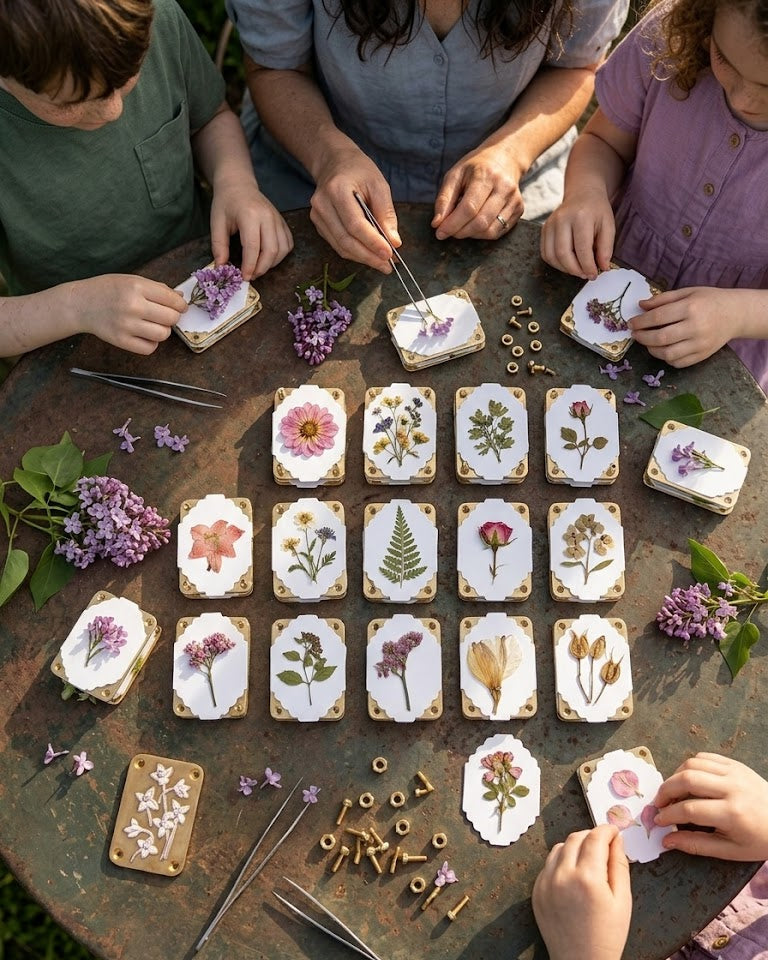 Family enjoying creative flower pressing and botanical craft activities together