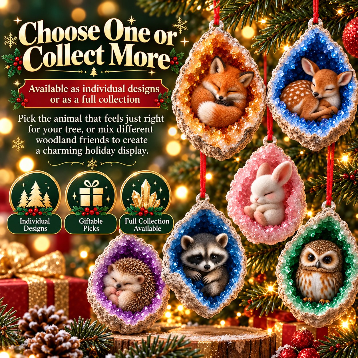 Complete collection of ten natural crystal woodland animal ornaments