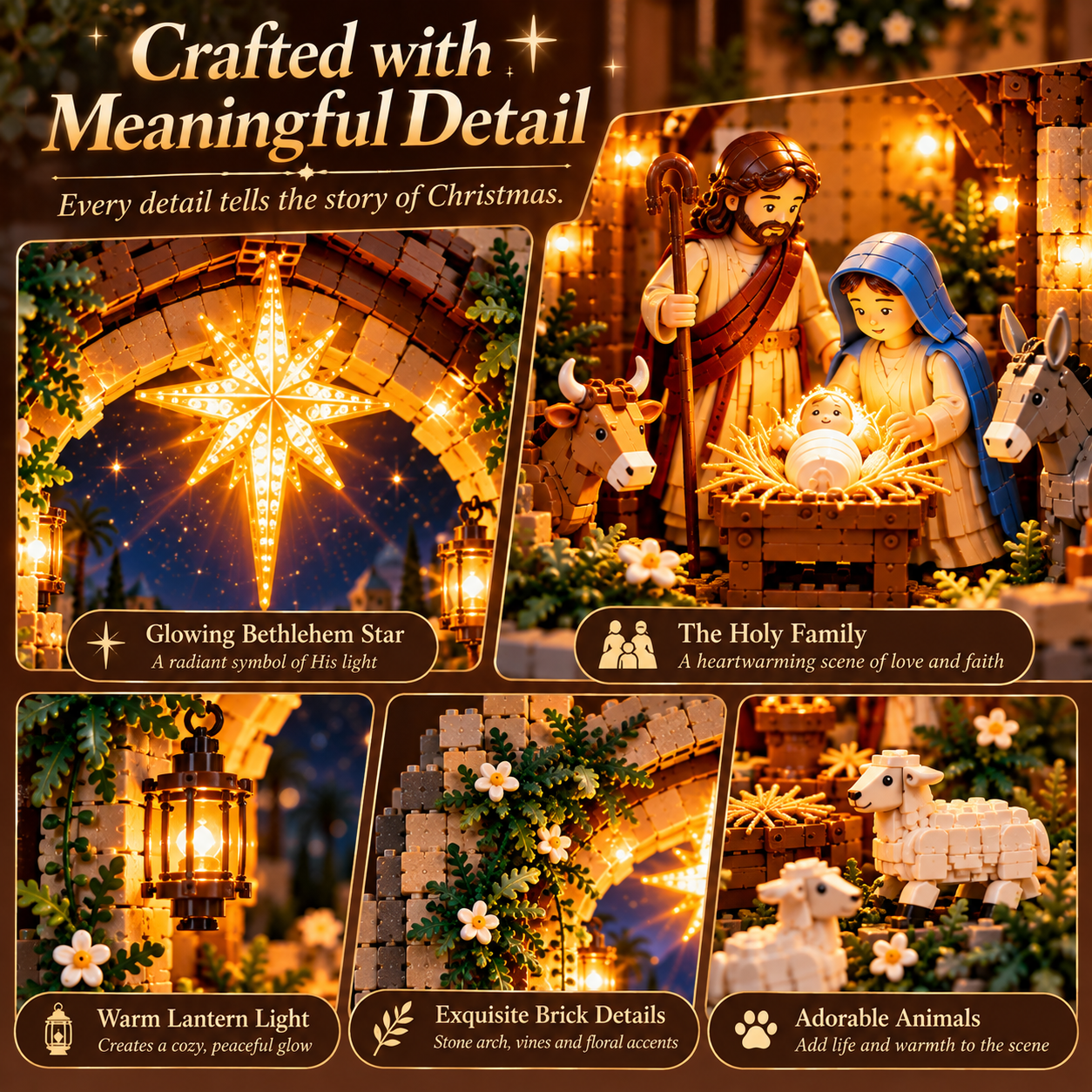 Close-up details of the Bethlehem star Holy Family lanterns greenery and animals