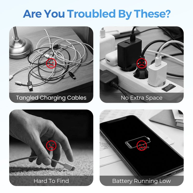 Common charging problems including tangled cables and crowded outlets