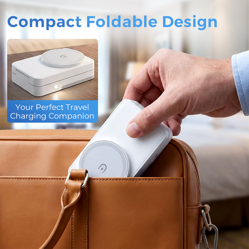 Folded compact wireless charging stand placed in a travel bag