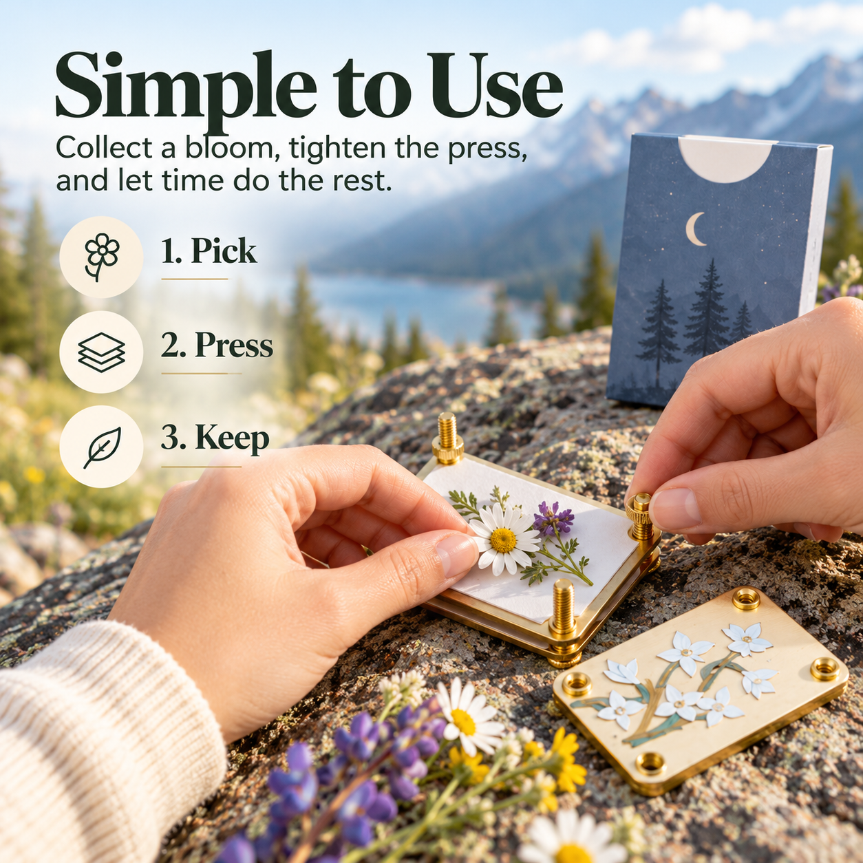 Step by step flower pressing using a compact metal plate flower press