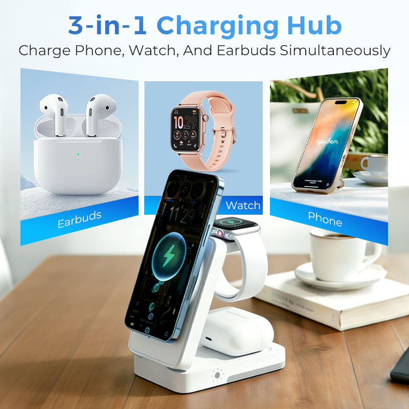 Phone, watch and earbuds charging together on one stand